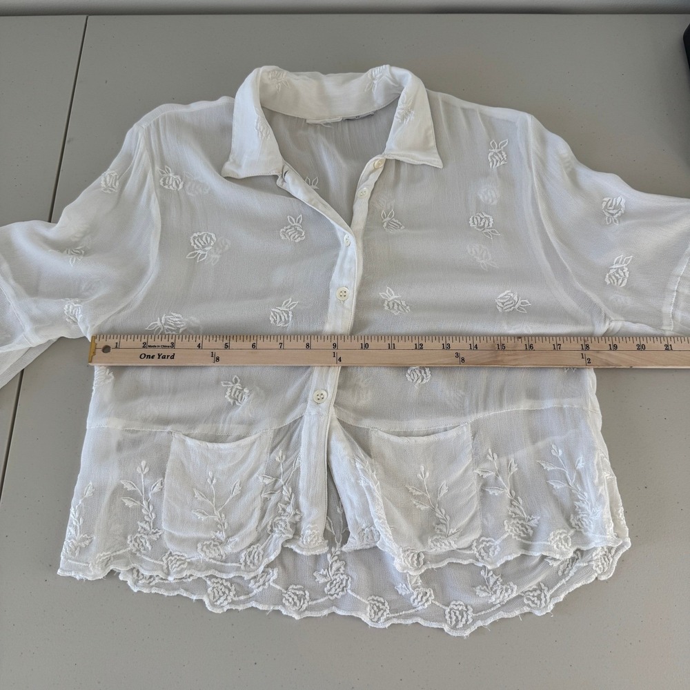 Sheer Floral Embroidered Top XS Ivory Cottagecore Coquette Boho Dainty Layering - Picture 9 of 12